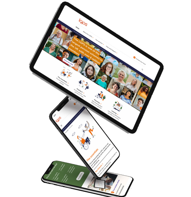 Visual screenshots of the LGPS website on a mobile phone and a tablet
